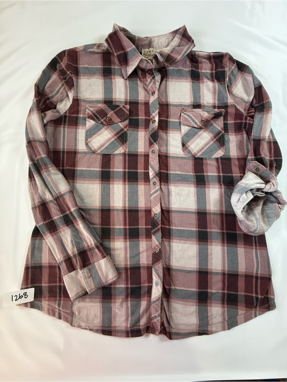 Modern Y2K / 2010s Style Como Vintage Plaid Long Sleeve Roll-Tab Button Down